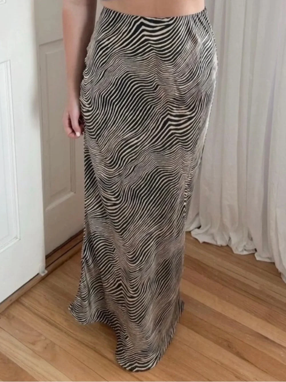Zara Black and Cream Wavy Zebra-Print Satin Maxi Skirt